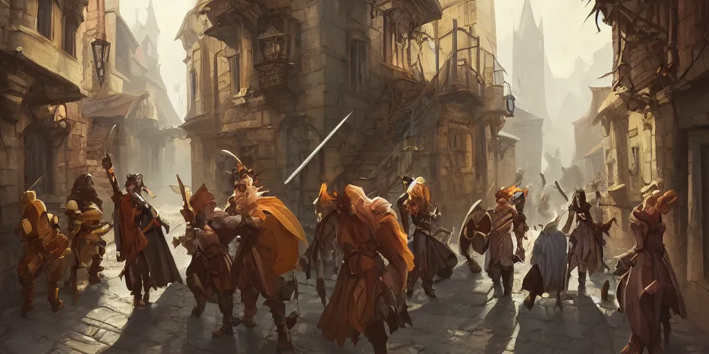 Prompt: an exciting fantasy street battle within a fascinating old city, narrow streets, old buildings, by Sylvain Sarrailh, cinematic, simple but effective composition, clean lines, beautiful digital painting, oil painting, ultra photo-real render, great character design, dungeons and dragons, lord of the rings, close up characters, fantasy races