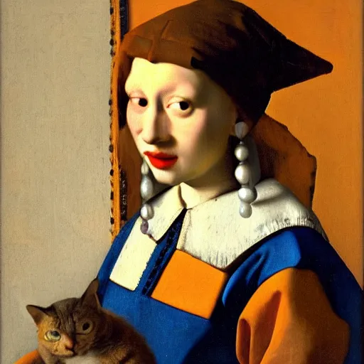 Image similar to an orange cat by jan vermeer, oil painting, a pearl necklace, highly detailed ， headshot, 8 k