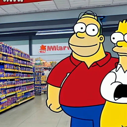 Prompt: peter griffin and homer simpson at a walmart