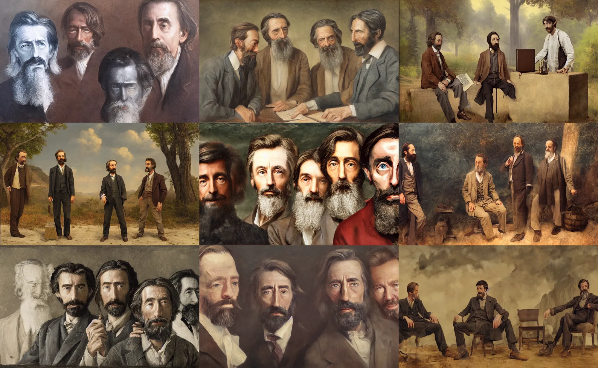 Prompt: 3 person portrait of alan watts and henry thoreau and epictetus, oil on canvas, realistic, highly detailed, cinematic, concept art, matte painting