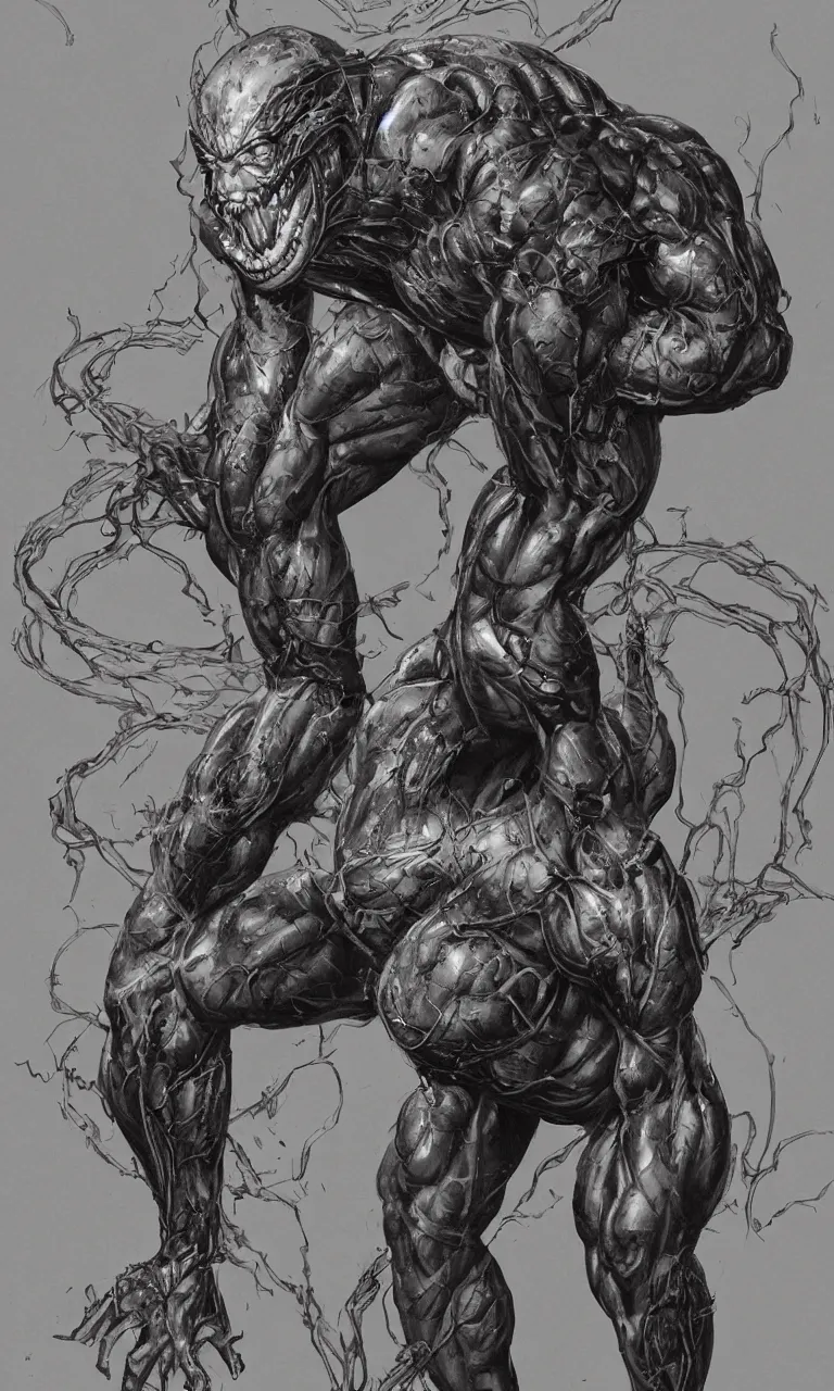 Image similar to legs and feets study of hyper realist full body long shot portrait of bodybuilder venom from marvel comics!!!!, large mouth with teeth, large tongue, lovecraftian horror!!, fantasy, intricate, elegant, highly detailed, digital painting, artstation, concept art, matte, sharp focus, illustration, art by glenn fabry and giger