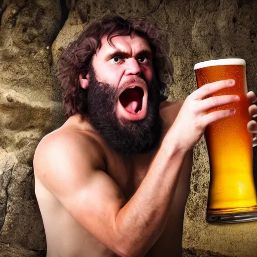 Image similar to photo of ancient caveman discovering beer for the first time, high detail, ultra realistic, 4k UHD, pristine