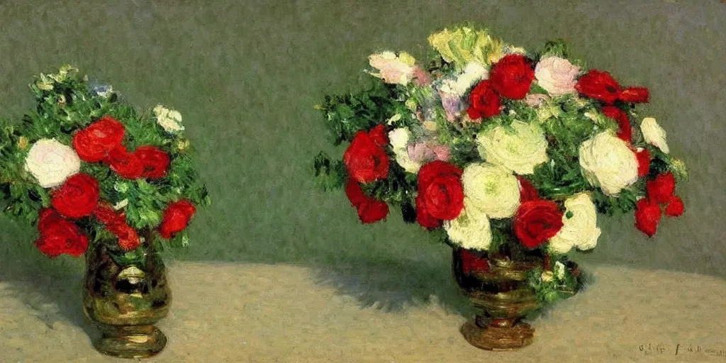 Image similar to a beautiful bouquet of flowers, oil painting, by Gustave Caillebotte, very colorful, White, vivid green & red, very detailed, artstation