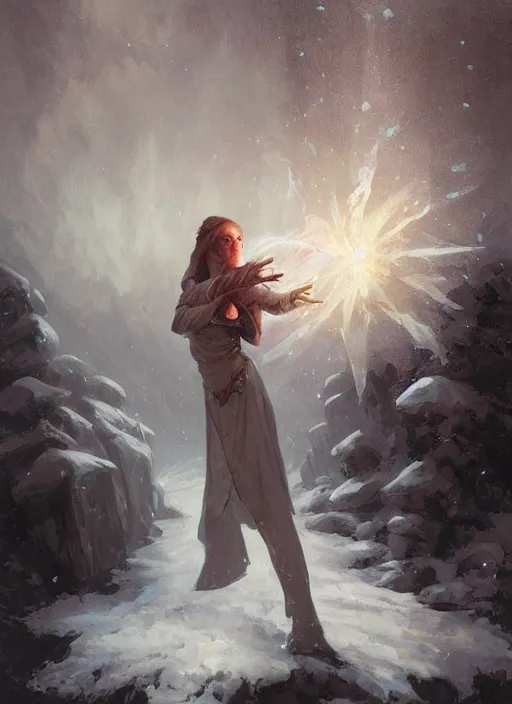 Prompt: a mage casting a frost spell by charlie bowater and john howe and leon bazille perrault