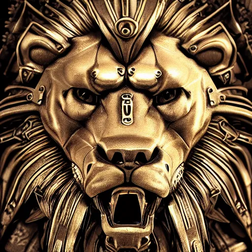 Image similar to A steampunk lion portrait made of engraved full plate armor and gears, Macro shot by Justin Gerard, unreal engine, physically based rendering