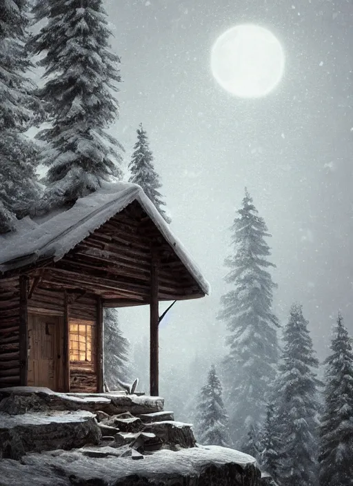 Image similar to an abandoned cabin on the top of a snowy mountain, new moon, greg rutkowski, 8 k, shallow depth of field, intricate detail, concept art,