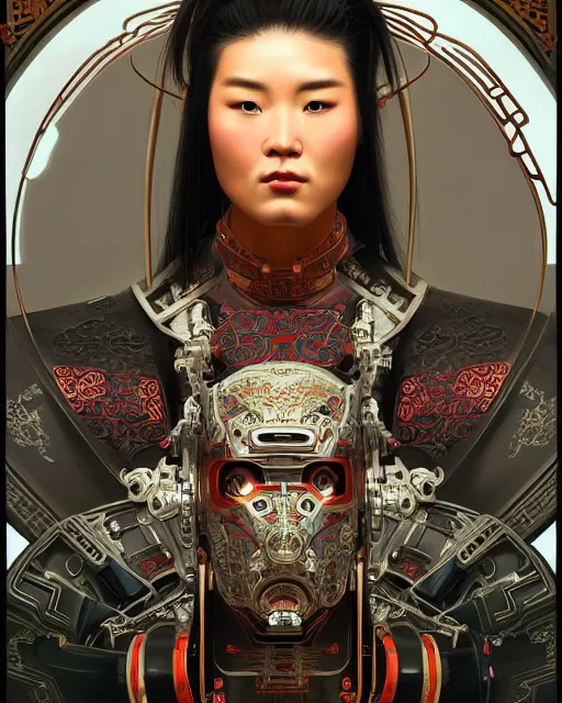 Prompt: portrait of a masculine male cyberpunk machine, machine face, upper half portrait, decorated with chinese opera motifs, asian, fine china, wuxia, traditional chinese art, intricate, elegant, highly detailed, symmetry, headpiece, digital painting, artstation concept art smooth sharp focus, illustration, art by artgerm and greg rutkowski alphonse mucha 8 k
