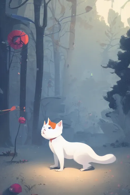 Image similar to a moment of pure bliss, the white cat in front of the small house in the forest, cory loftis, james gilleard, atey ghailan, goro fujita, character art, exquisite lighting, clear focus, very coherent, plain background, dramatic painting