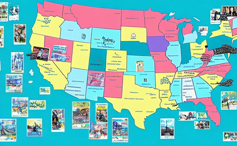 Image similar to hatsune miku across america map, map key, tourist map, brochure