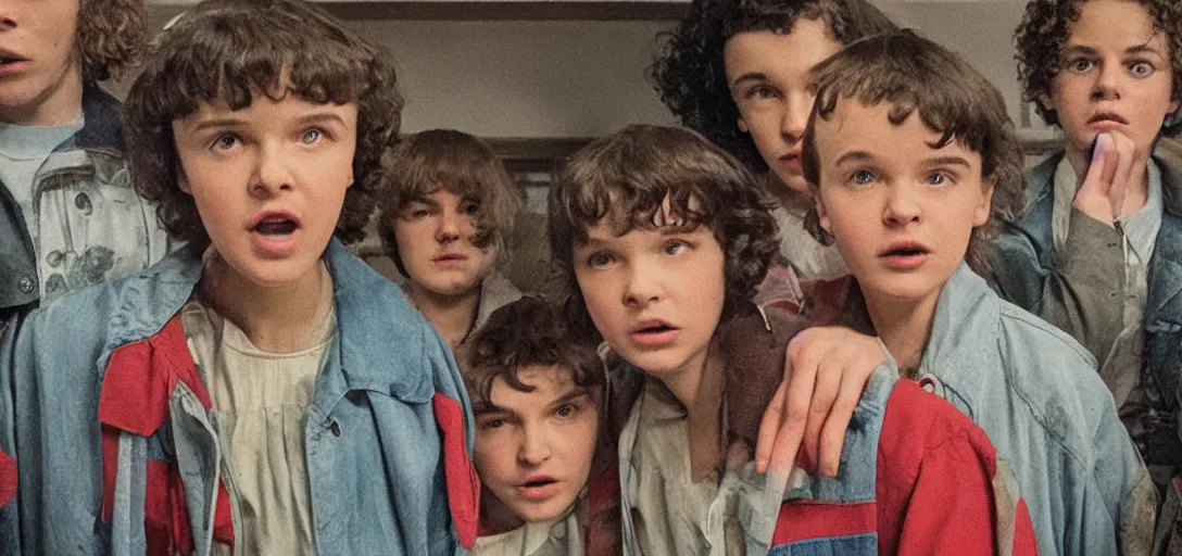 Image similar to stranger things cast Zoomed cropped closeup of unexpected voyeuristic eye contact with neighbor in window, Technicolor, telephoto lens, vintage photograph