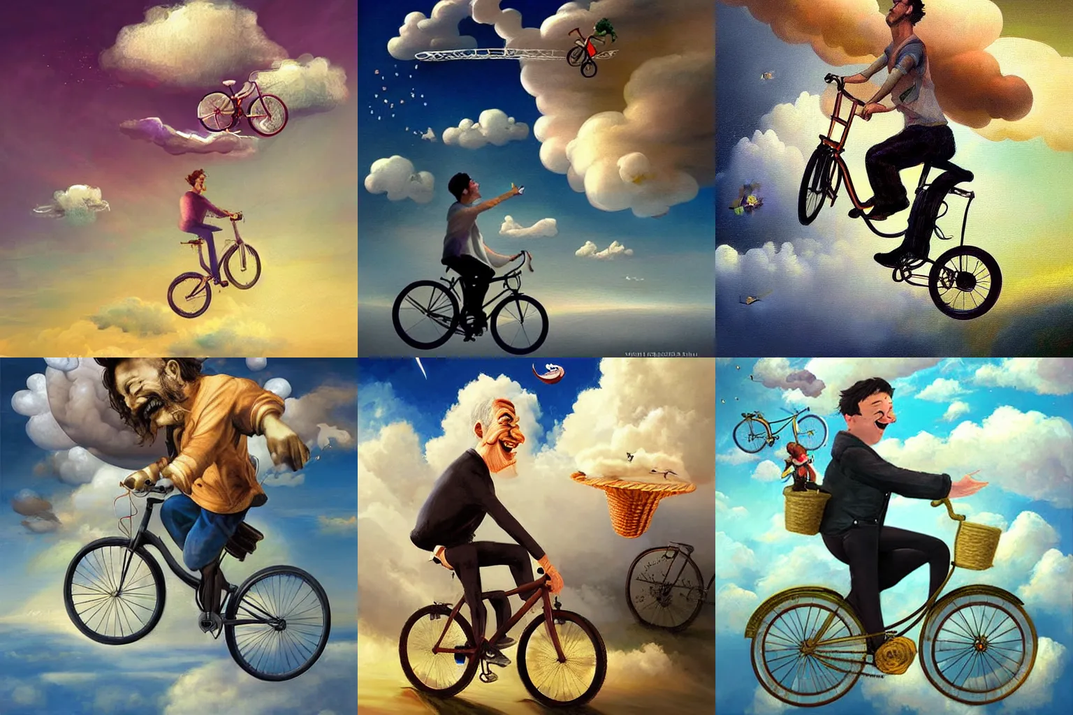 Prompt: A whimsical painting of a happy man flying in the sky on his bicycle in the clouds, digital art by Ross Tran and Salvador Dali