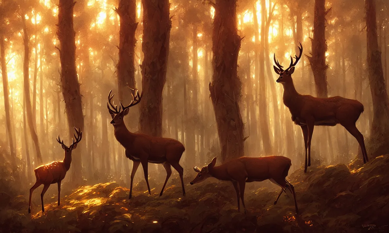 Image similar to Deer in Sherwood Forest, full frame, highly detailed, digital painting, artstation, concept art, smooth, sharp focus, illustration, art greg rutkowski and alphonse mucha