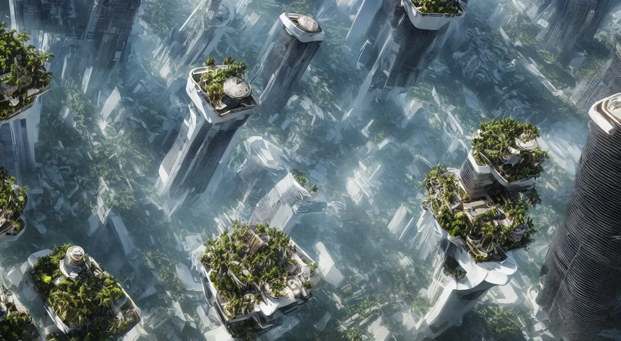 Image similar to a matte painting of high - tech floating city earthquake, concept art, gravels around, coconut palms, weightlessness, reverse, by yang qi, romain jouandeau, quy ho, karol bak, beeple, 4 k, unreal engine, vray render, artstation