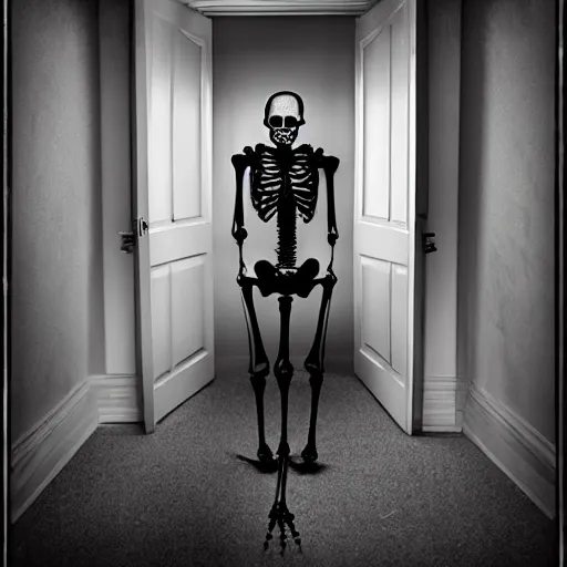 Prompt: the skeleton in the closet, award winning horror photography, cinematic