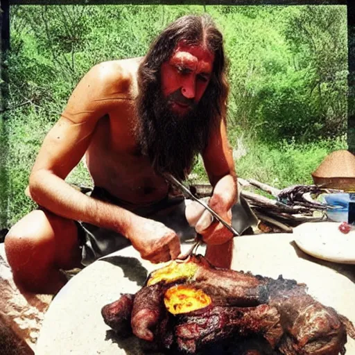 Prompt: “color photo of a Neanderthal with no cloth man taking an iPhone photo of a mammoth cooking on the grill, National Geographic , anthropology photo”