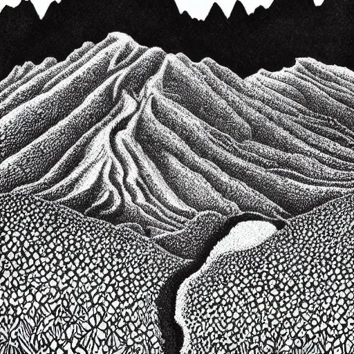 Image similar to Tall mountains, flower field by Kentaro Miura, highly detailed, black and white