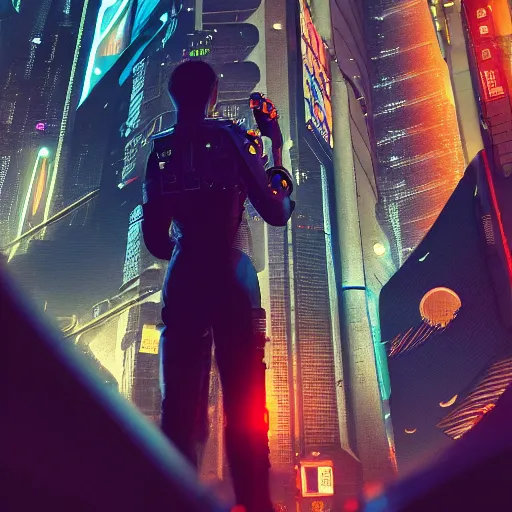 Image similar to professional photo of astronaut from low angle shot with cyberpunk city on background, blade runner, hyperrealistic masterpiece, trending on artstation, cgsociety, kodakchrome, golden ratio, cinematic, composition, beautiful lighting, hyper detailed, sharp focus, octane render, 4 k, unreal engine