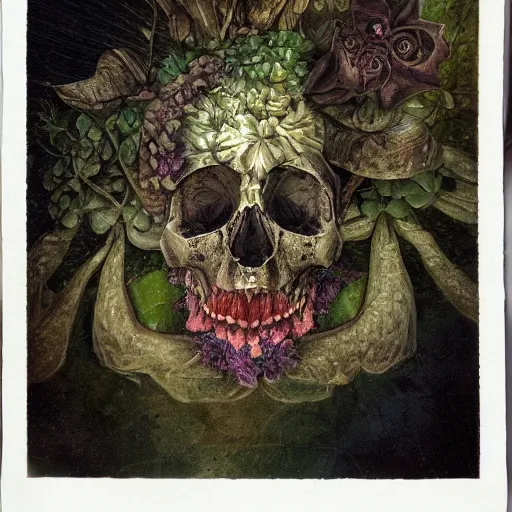 Image similar to a beautiful detailed front view portrait of a rotten woman corpse becoming a skull with fractal plants and fractal flowers and mushrooms growing around, volumetric light, beautiful lit, polaroid photography