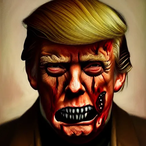 Image similar to painted portrait of donald j. trump as a zombie, 7 days to die zombie, fine art, soft light from the side, award winning, subtle earthy tones, intricate, elegant, sharp focus, cinematic lighting, digital painting, 8 k concept art, art by michael hussar, art by brom, art by z. w. gu, 8 k