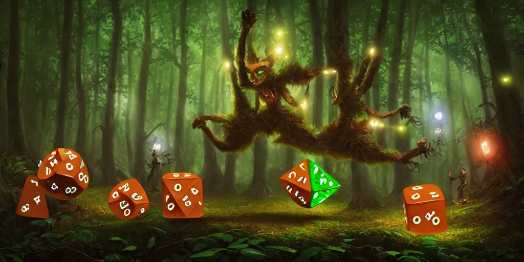 Image similar to anthropomorphic tree - creatures rolling cube dice in the forest, glowing energy, fantasy magic, by willian murai and jason chan and marco bucci, hyper detailed and realistic, illustration, sharp focus, cinematic, rule of thirds, forestpunk