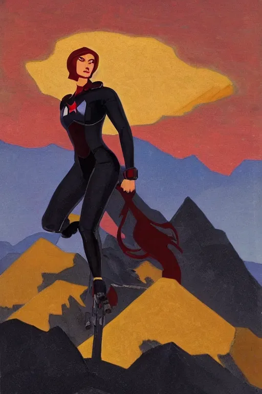 Image similar to black widow ( natasha romanova ) on mountains, marvel, artwork by nicholas roerich,