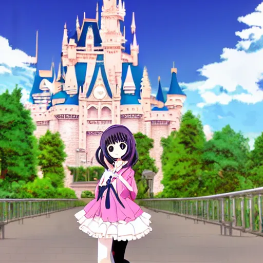 Image similar to menhera - chan, anime girl with long brown hair and black hoodie, posting in front of the wdw castle, kyoani, kyoto animation, key visual