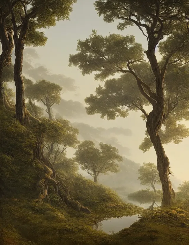 Prompt: a beautiful painting of a serene landscape of a mystical tree with buttressed roots rising above a hill, there are rivulets of water running down by james jean and pascal blanche, at dawn, volumetric light