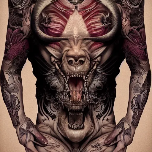 Image similar to tatted man laugh hard. matte, symmetrical anatomy, hyperdetailed, digital art, baroque, pop punk art style, fantasy, full body pictures, without duplication, art by artgerm and ilya kuvshinov and vinicius gud and gustavo zambelli, intricate, octane render.