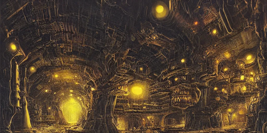 Image similar to Bruce Pennington illustration of a dark sci-fi mining cave, deep and complex, research outpost, highly detailed, nostalgic spooky atmosphere,