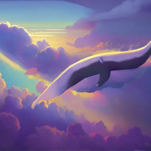 Image similar to digital painting, sky whale flying through clouds. dramatic lighting. god rays. by artem rhads chebokha