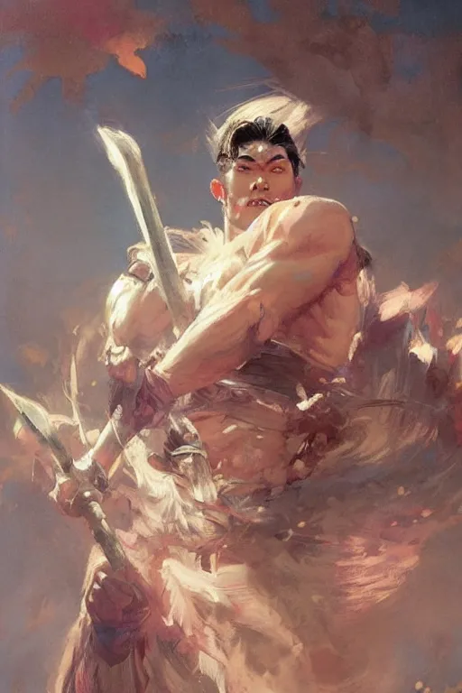 Prompt: wuxia, attractive beefy man, character design, colorful, painting by gaston bussiere, craig mullins, greg rutkowski, j. c. leyendecker