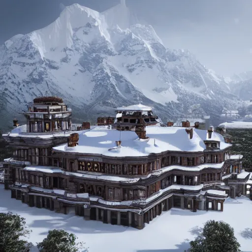 Prompt: a huge steampunk mansion in the snow deep in the himalayan mountains. 4 k octane render.