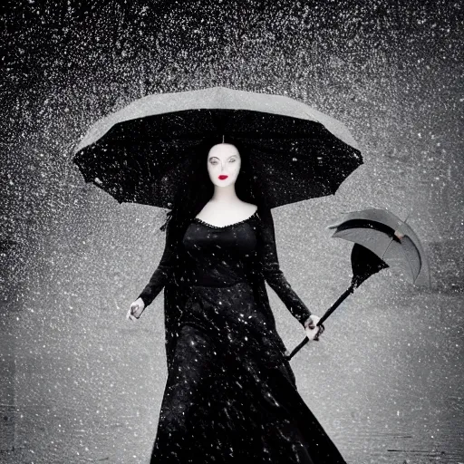 Image similar to morticia addams holding a parasol during a [ humid, rainy day ] as she saunters across the city, closeup!!!, trending on artstation, 4 k photorealism, unsplash contest winner, shot by jimmy nelson