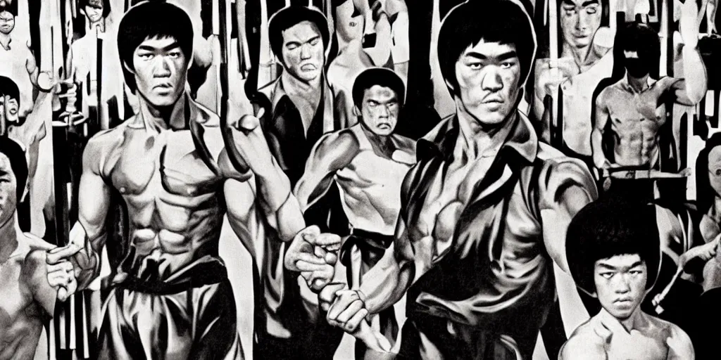 Image similar to bruce lee holding his nunchucks in a hall of mirrors, hyperreal, in the style of enter the dragon