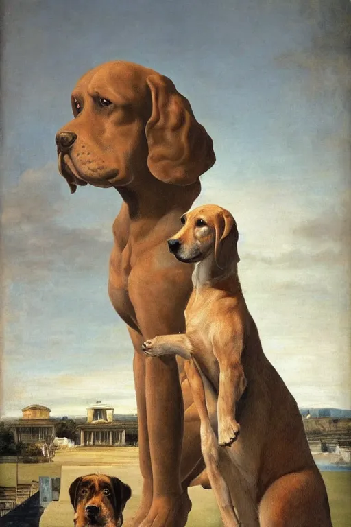 Prompt: long view, giant dog looks at tiny person, in style of classicism