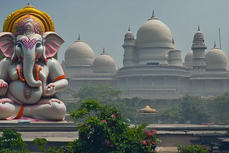 Image similar to beautiful futuristic new delhi, sci - fi ganesha!! building, kalighat flowers, octane highly detailed cinematic, stephen shore & john j. park, soft morning light, wide shot, aerial shot, uhd 8 k, shallow depth of field