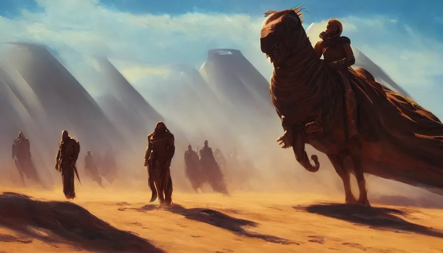 Image similar to concept art of dune movie, cinematic shot, oil painting by jama jurabaev, brush hard, artstation, for aaa game, high quality, brush stroke