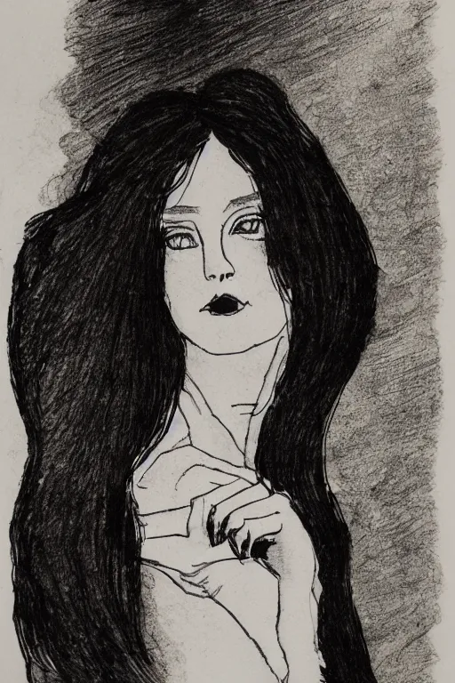 Prompt: ink lineart drawing of a beautiful trans woman, dark lips, white background, etchings by goya, chinese brush pen, illustration, high contrast, deep black tones contour