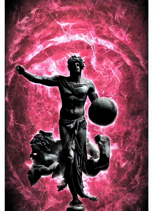 Image similar to elegant dark design poster showing a large greco roman statue of dionysus, black background with very subtle red and purple design elements, bold, powerful, nekro, vito acconci, thin straight purple lines, dark, glitch art, neo vaporwave, gritty, layout frame, square, trending on artstation