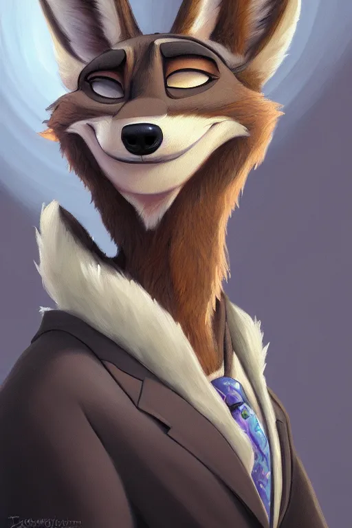 Image similar to oil painting of anthromorphic female wolf, in style of zootopia, female fursona, furry, furaffinity, 4 k, deviantart, furry art, fursona art, wearing black business suit, business suit, wolf fursona, female, smug expression,