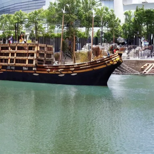 Prompt: a pirate ship, parked in a lake at a mall