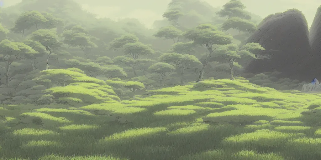 Image similar to landscape, no people, Ghibli, Anime Background, Miyazaki Hayao, concept art, illustration,smooth, sharp focus, intricate, super wide angle, trending on artstation, trending on deviantart, 4K