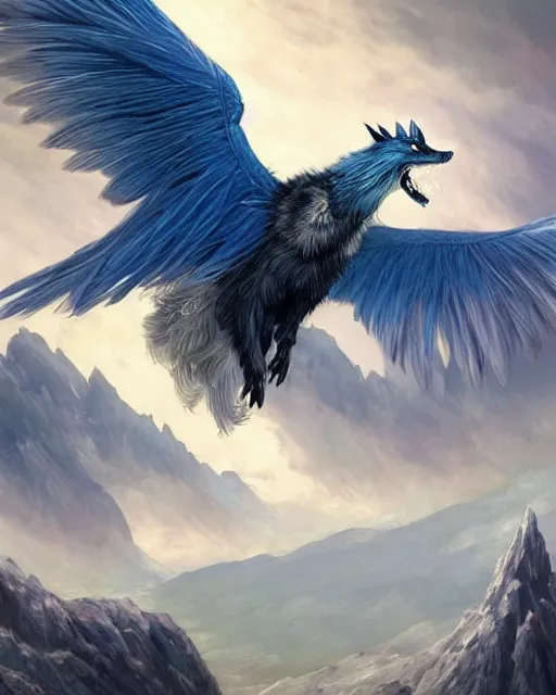 Image similar to blue feathered wolf with wings on a beautiful fantasy landscape, hills, mountains, moonlit, hd, illustration, epic, d & d, fantasy, intricate, elegant, highly detailed, digital painting, artstation, concept art, smooth, sharp focus, illustration, wallpaper, art by artgerm and greg rutkowski and alphonse mucha and jin xiaodi