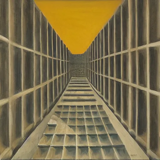 Prompt: first person view of a stark concrete maze, soy sauce brewery, grant wood, pj crook, edward hopper, oil on canvas