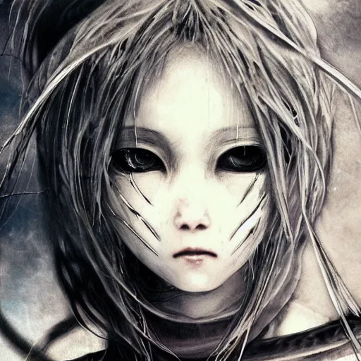 Prompt: Yoshitaka Amano blurred and dreamy illustration of an anime girl with the pirate eye patch hiding one eye, wavy white hair and cracks on her face wearing Elden ring armour with the cape fluttering in the wind, abstract black and white patterns on the background, noisy film grain effect, highly detailed, Renaissance oil painting, weird portrait angle