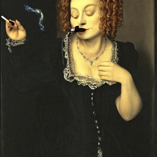 Image similar to a woman smoking a cigarette in a dark room, a portrait by nicholas hilliard, screenshot by martin scorsese, photorealistic painting by jerry weiss, aestheticism, goth, dark and mysterious, filmic, a photorealistic painting by jerry weiss, shutterstock tumblr contest winner, naturalism, behance hd, shutterstock contest winner