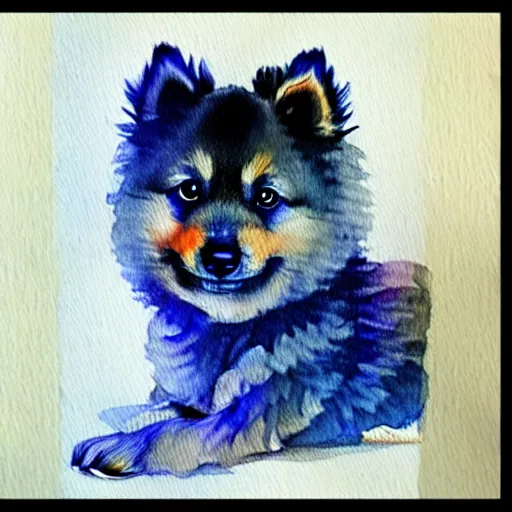 Image similar to a keeshond puppy watercolor painting by monge