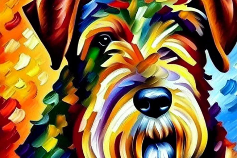 Image similar to portrait of airedale terrier. painting by leonid afremov