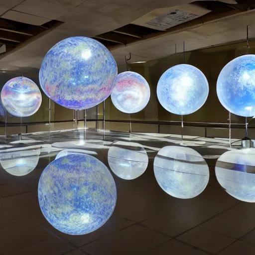 Prompt: a glass blown art installation of the solar system, museum lighting