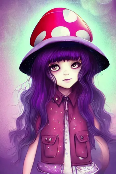 Image similar to a little girl wearing a mushroom hat in 9 0 s outfit | | purple curvy hair, pretty face, fine details, digial art by lois van baarle and sakimichan, anatomically correct, perfect composition, symmetrical, fantastic, clean details, anime character, extremely detailed, ray tracing